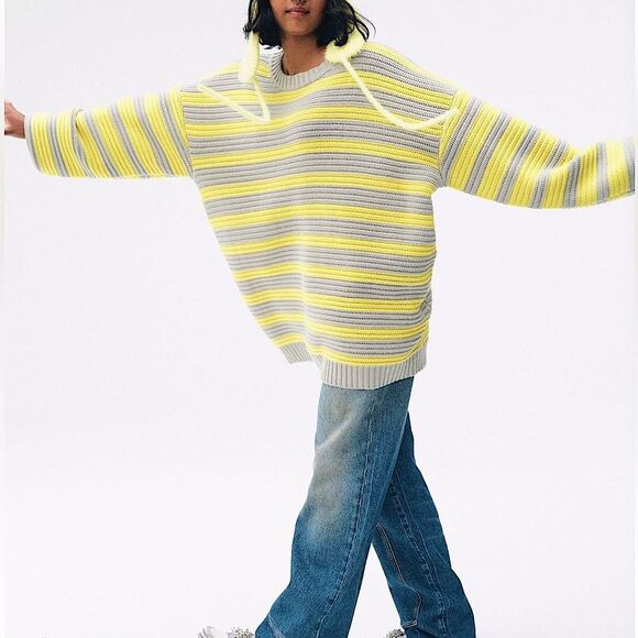 Free People Links Sweater M Crewneck Knit Oversized Striped Slouchy Heavy Boho - Picture 2 of 5